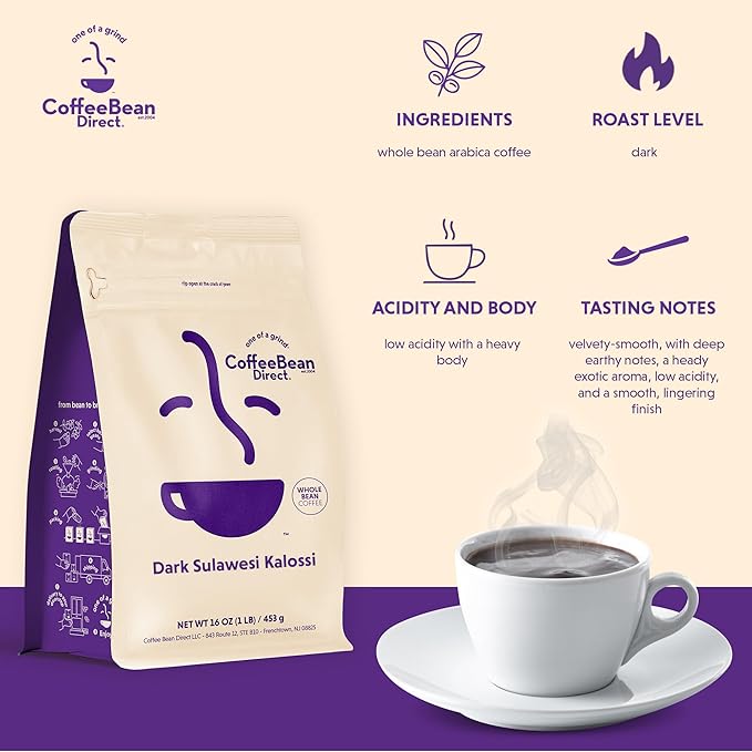Coffee Bean Direct Dark Sulawesi Kalossi, Whole Bean Coffee, Arabica Coffee, Dark Roast, 1 Pound Bag (Pack of 1)