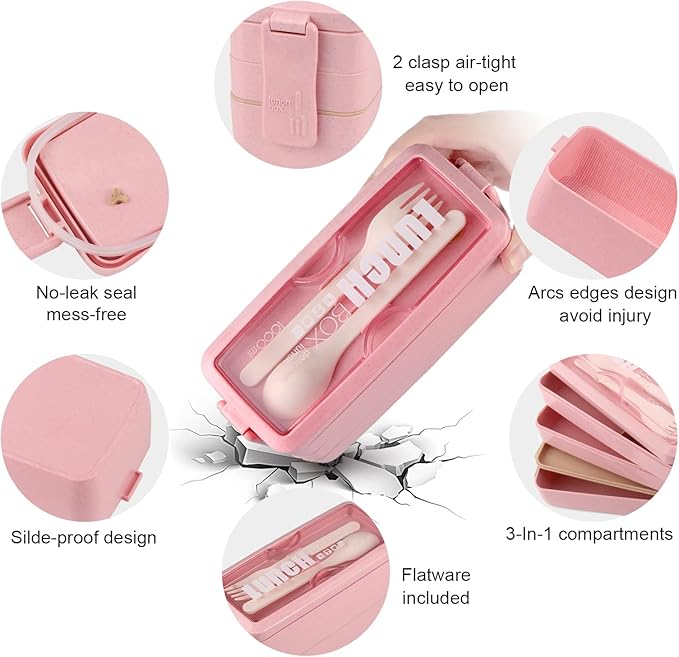 Stackable Bento Box with Lunch Bag, 3 Compartment Japanese Lunch Containers, Wheat Straw, All-in-1 Bento Lunch Box Kit for Adults Meal Prep Lunch Snack by Iteryn
