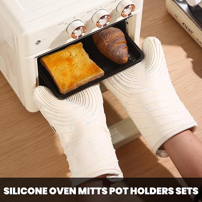 4 Pieces Oven Mitts and Pot Holders of Macaron Color Thickened Non-Slip Silicone Kitchen Gloves, Heat Resistant up to 500F, Essential for Kitchen Baking (makal-bai)