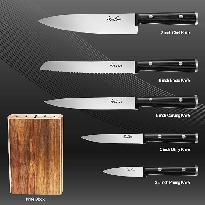 Knife Set,6-Piece Kitchen Knife for Home Use, Sharp Knife Set with Natural Acacia Wood Knife Block, Germen Steel Wood Handle Kitchen Knife Block Set, Ergonomical Design ((Ink-black))