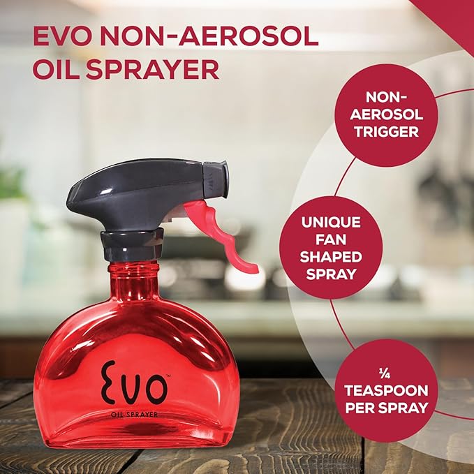 Evo Glass Oil Sprayer Bottle | Non-Aerosol for Olive Oil, Cooking Oils, Vinegars | 6-Oz Capacity | Rotatable Nozzle | Gourmet Cooking Tools - Food-Safe Materials | Red