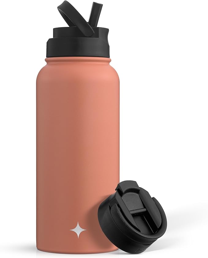 JoyJolt Triple Insulated Water Bottle with Straw Lid AND Flip Lid! 32oz Large Water Bottle, 12 Hour Hot/Cold Vacuum Insulated Stainless Steel Bottle. BPA-Free Leakproof Water Bottles - Thermos Bottle