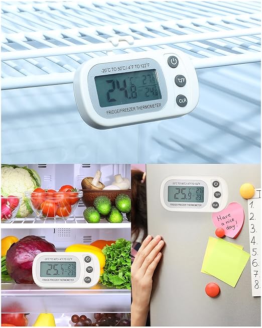 Frienda 12 Pack White Digital Fridge Thermometer Waterproof Refrigerator and Freezer Room Max/min Record Function LCD Screen Refrigerator Thermometer with Hook and Magnetic Back for Home