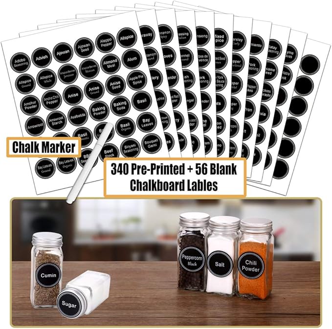 SWOMMOLY Spice Rack Organizer with 72 Empty Square Spice Jars, 340 Spice Labels with Chalk Marker and Funnel Complete Set,for Countertop,Cabinet or Wall Mount, Black
