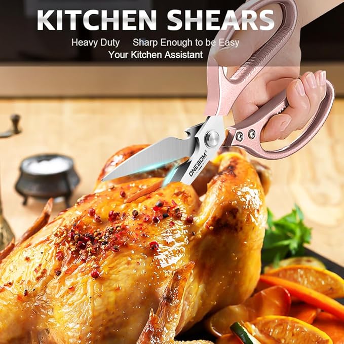 2 Pack ONEBOM Kitchen Shears,Kitchen Scissors Heavy Duty Serrated Blade for Cutting Meat, Food, Fish, Poultry Sharp Scissors, Apartment Kitchen Accessories,Gift Herb Scissor(Rose Glod)