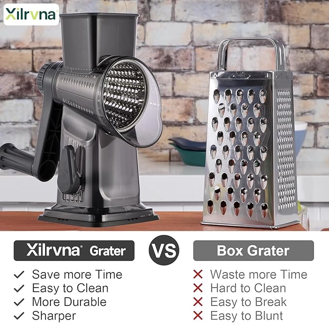 Rotary Cheese Grater with Handle Kitchen Shredder Slicer Grater Slicer Ice Shaver Cheese Vegetable Nuts Potato Zucchini Chocolate 3 Interchangeable Blades (Dark Grey TSP)