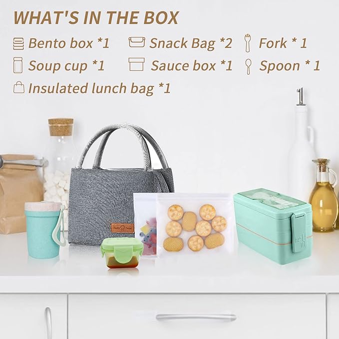 Bento Box Upgrade Japanese Lunch Box Kit,3 Layer Stackable Leakproof Lunch Box Containers with Accessories,Wheat Straw Bento Lunch Box for Kids and Adults