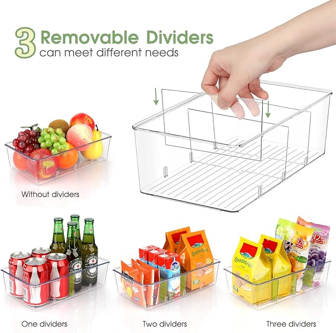 Snack Organizer for Pantry Shelf, 8 Pack Clear Plastic Pantry Storage Bins with 3 Dividers for Snacks, Spices, Chips Food Organizer, Stackable Pantry Organizers for Kitchen, Fridge, Cabinet