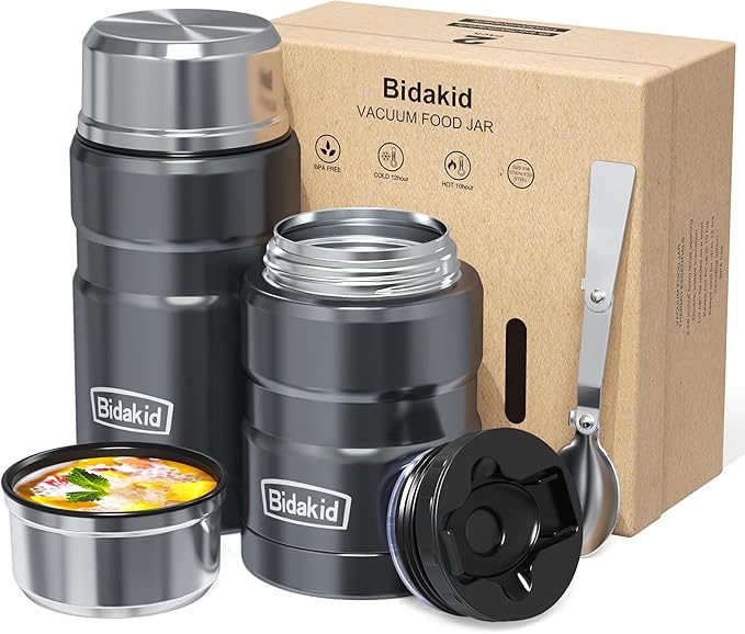Insulated Food Jar Set – 25.4oz & 17oz Stainless Steel Containers with Folding Spoon and Carrying Bags – Leak-Proof, Keeps Food Hot or Cold for up to 12 Hours – Ideal for Work, School, Travel