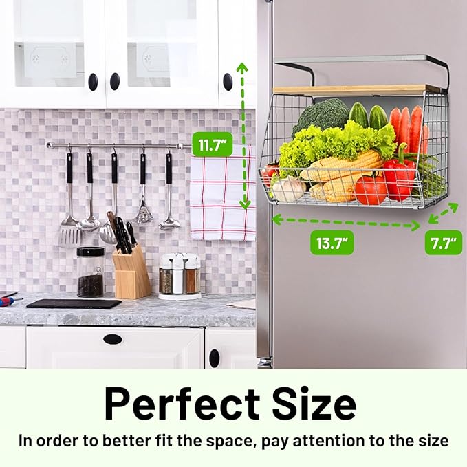 Ofiray-home Magnetic Fridge Shelf with Wood Lid, Fruit Potato Onion Storage Bins, Pantry Organizers, Large Container Spice Rack for Refrigerator, Kitchen Counter, Cabinet (2, Silver)