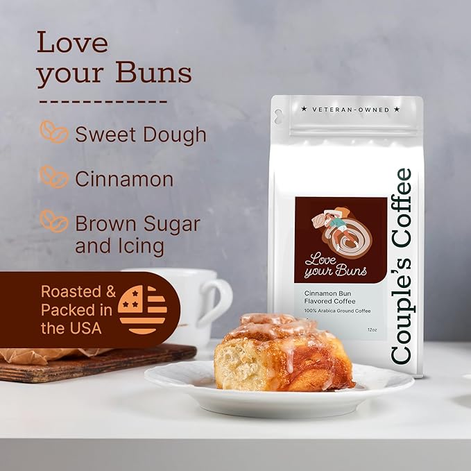 Couple’s Coffee Flavored Ground Coffee | Medium Roast Cinnamon Bun Flavored Coffee | Gives Back to Military Families | Love Your Buns | Made with 100% Arabica Beans | 12oz bag