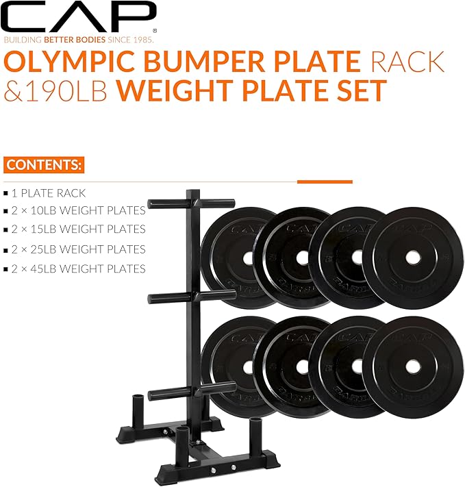 CAP Barbell 2-Inch Olympic Bumper Plate Weight Set with 6 Post Rack | 100-370 lbs | Multiple Options