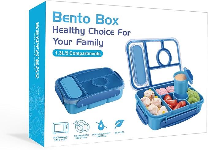 Bento Box Adult Lunch Box Kids,Lunch Containers for Adults/Kids/Toddler,5 Compartments Bento Lunch Box with Sauce Vontainers,Microwave & Dishwasher & Freezer Safe,BPA-Free(Blue)