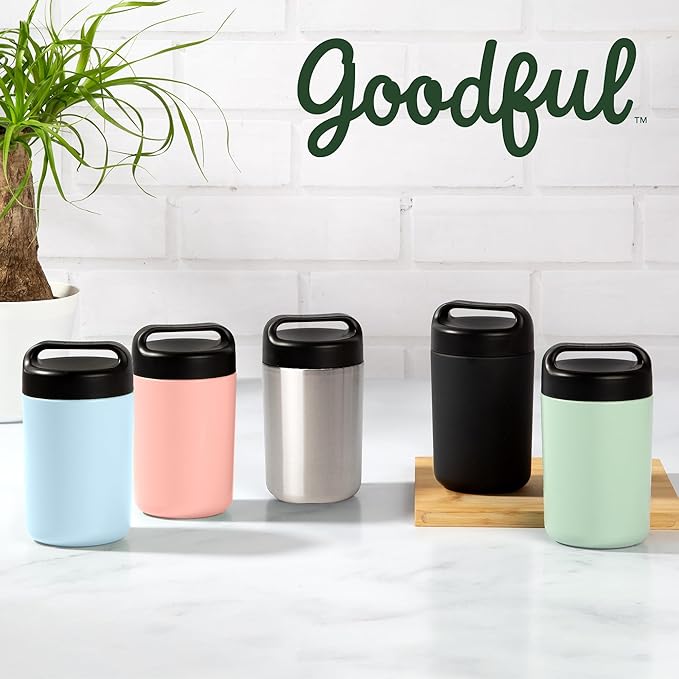 Goodful Stainless Steel Food Jar, Double Wall Vacuum Sealed Insulated Food Storage Container with Carry Handle Lid, 16-Ounce, Sage