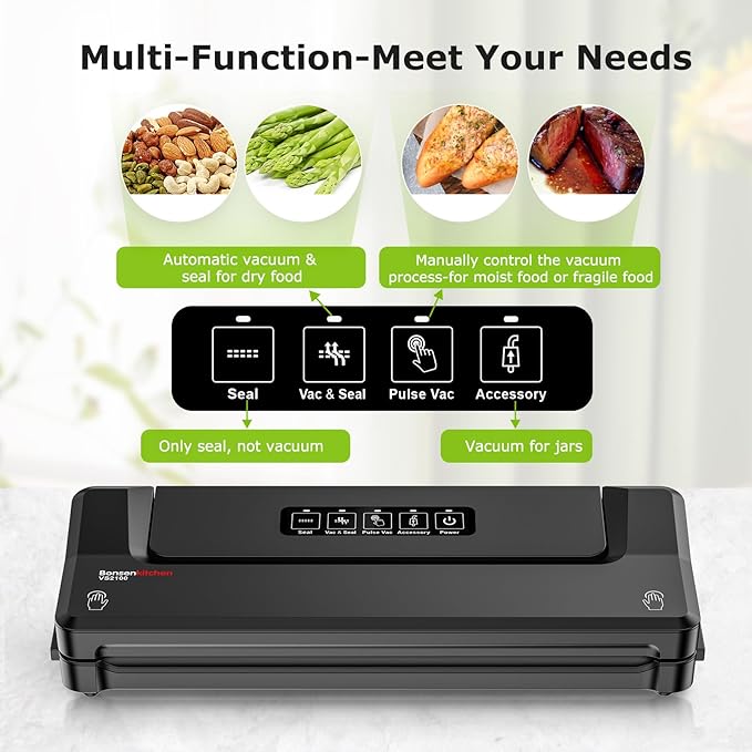 Bonsenkitchen Vacuum Sealer Machine with 40 Bags | Compact Food Sealer for Kitchen Storage & Meal Prep | Multiple Modes | External Vacuum System, Black