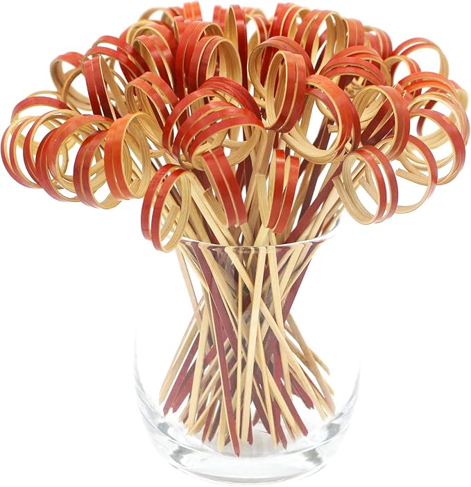 BLUE TOP Bamboo Cocktail Picks 100 PCS Red Bamboo Skewers 4 Inch with Looped Ring,Food Picks,Party Toothpicks for Appetizers,Cocktail Drinks,Barbecue Snacks,Club Sandwiches.