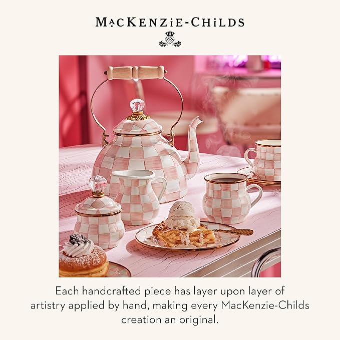 MACKENZIE-CHILDS Set of 2 Ceramic Farmhouse Canisters, Kitchen Storage Containers with Lids, Pink-and-White Rosy Check