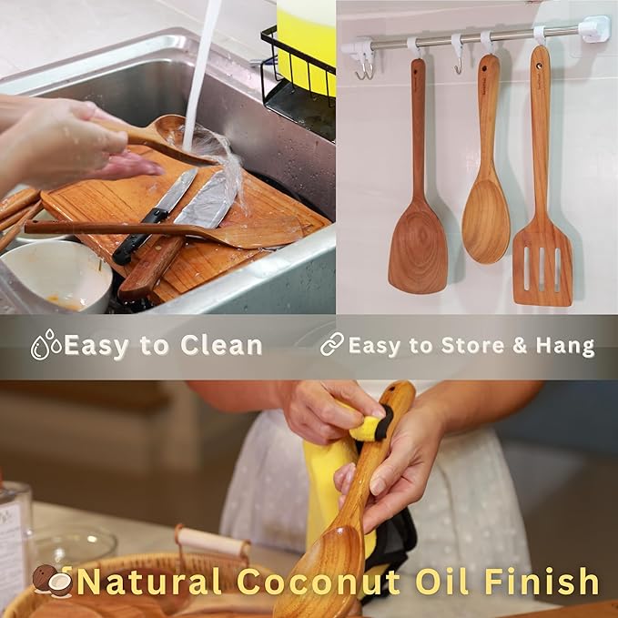 SarnThai Wooden Spoons for Cooking – 3 PCS Handcrafted Thai Teak Utensil Set, Stirring Spatula & Serving Spoon, Eco-Friendly, Ideal as Wok Spatula Wood