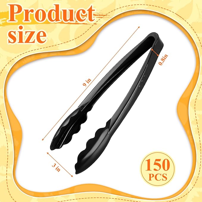 Tessco for you 150 Pcs Plastic Tongs for Serving Bulk, 9 Inch Plastic Disposable Serving Tongs Heavy Duty Salad Utensils for Kitchen Buffets BBQ Events Catering (Black)