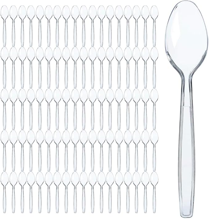Prestee 300 Clear Plastic Spoons Bulk - Durable Disposable Plastic Silverware Spoons - Heat-Resistant Spoon Cutlery - Heavy Duty Flatware Pack - Disposable Silverware Utensil Set for Hot and Cold Food