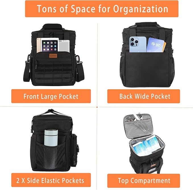 Tactical Insulated Lunch Bag Lunch Box - Expandable Large Cooler Bag for Men - Versatile Lunchbox for Adults Work Shifts Outdoor Trips Black 16L