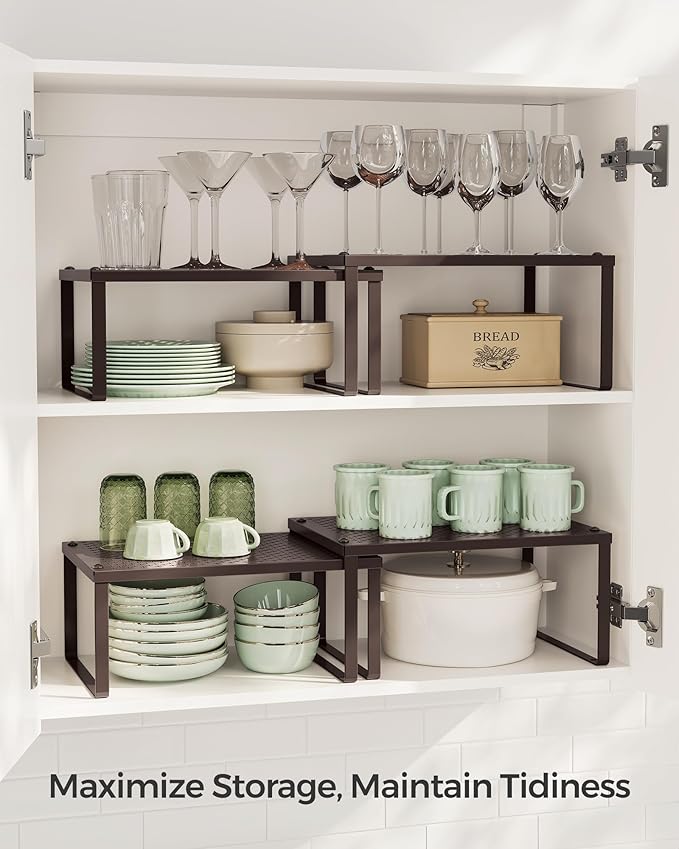 SONGMICS Spice Racks, Set of 4 Metal Cabinet Shelf Organizers, Countertop Organizers, Shelf Risers, Stackable, Expandable, Brown UKCS06BR