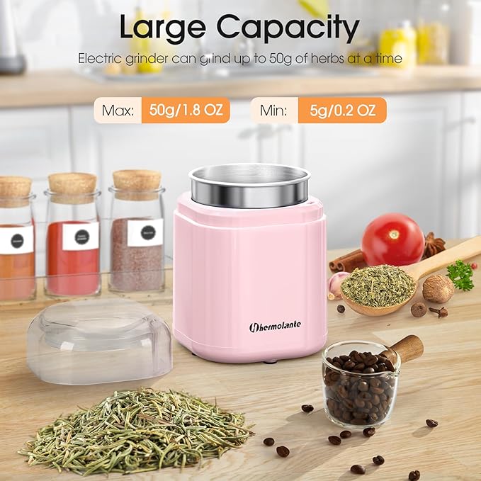 Herb and Spice Grinder, 200W Electric With Stainless Steel Blade, Cleaning Brush - Compact Size 5.11in (Pink)