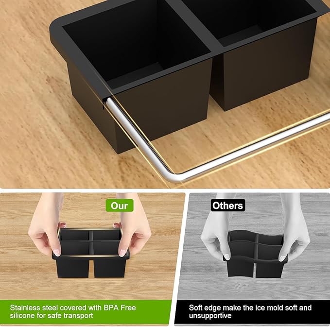 Samuelworld Large Ice Cube Tray: 2025 Upgraded 4 Grid Silicone Square Ice Cube Mold For Small Refrigerator, 2 Inch Large Cubed Ice Trays for Cocktail, Big Cube Ice Maker Mold (2 Pack, Black)