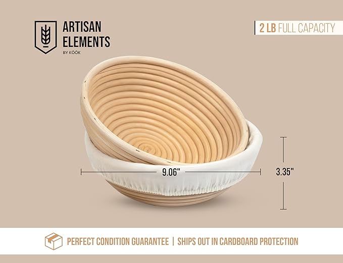 Banneton Bread Proofing Basket, Kook, Sourdough Proofing Bread Basket, Bread Banneton Proofing, Artisan Sourdough Making Baskets, 9 Inch Rattan Baskets and Cloth Liners, Set of 2, Round