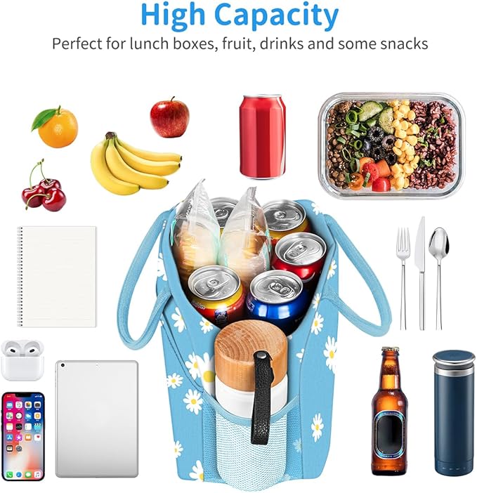DALINDA Lunch Bag Lunch Box for Women Men Reusable Insulated Lunch Tote Bag,Food Handbags Case High Capacity for Travel Work Picnic,Sky Blue Daisy