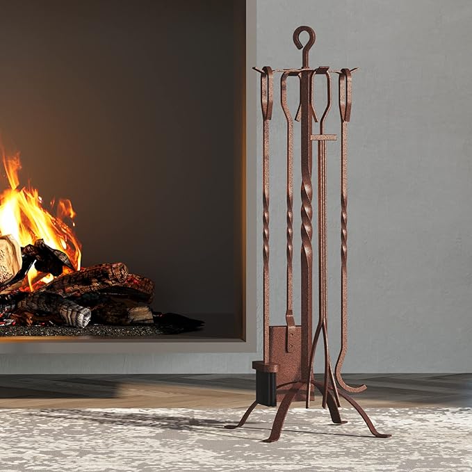 Fire Beauty 5 Pieces Fireplace Tools Sets Fireplace Accessories Tools Holder with Handles Tools for Indoor Fireplace Decor Outdoor Fire Pit Modern Tool(Antique Bronze)