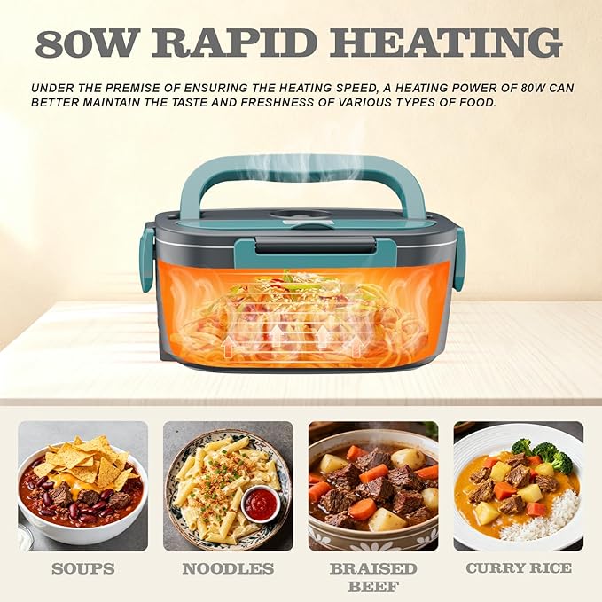 Buddew Electric Heated Lunch Box for Adults - 80W Fast Heating, 1.5L Food-Grade Stainless Steel, 12V/24V/110V Portable Food Warmer for Work Travel Car, Lonchera Electrica Portatil (Green)