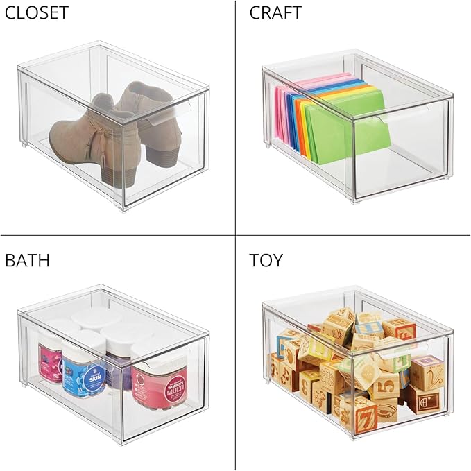 mDesign Plastic Pantry Organization and Storage Bin w/Pull Out Drawer - Stackable Kitchen Supplies Storage Container for Organizing Cabinet, Fridge, Freezer - Lumiere Collection - 4 Pack, Clear
