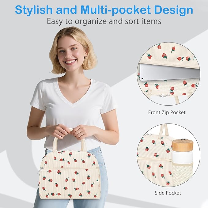 DALINDA Insulated Strawberry Lunch Bag for Women,Cute Corduroy Lunch Tote Bags Lunch Box Water-Resistant Large Capacity Reusable Insulated Cooler for Work Picnic or Travel