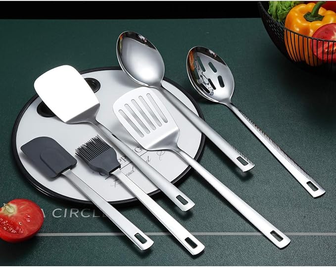 Cooking Spoon, Berglander 6 Pieces Spatula Set Stainless Steel, Metal Spatula, Serving Spoon, Kitchen Tools Set Non-Stick And Heat Resistant, Dishwasher Safe, Easy to Clean (6 Packs)