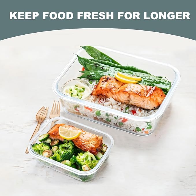 KOMUEE 10 Pack Glass Food Storage Containers, Meal Prep Containers with Lids, Airtight Glass Lunch Boxes, Freezer, Oven, and Microwave Safe, Green