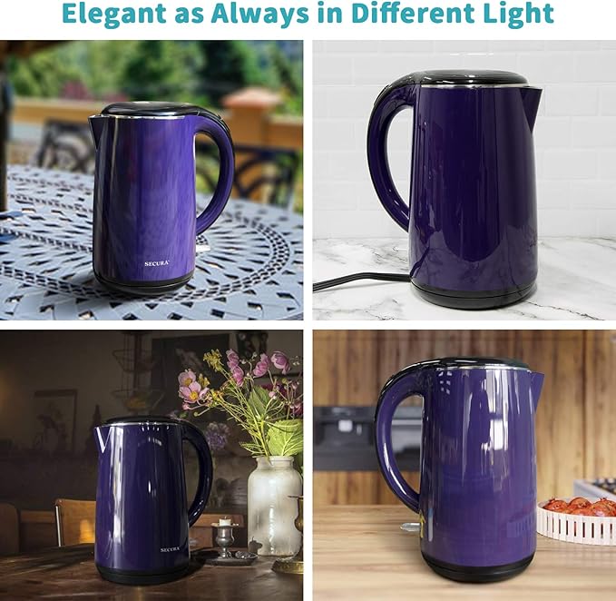 Secura Original Stainless Steel Double Wall Electric Water Kettle 1.8 Quart with Auto Shut-Off & Boil-Dry Protection, Dark Purple SWK-1701DP/HB-3227B
