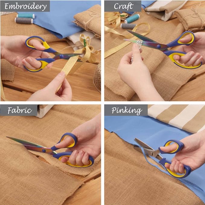 BambooMN Titanium Softgrip Scissors Set - Pinking, Sewing, Arts, Crafts, Office - 3 Sets of 4 - Blue w/Yellow