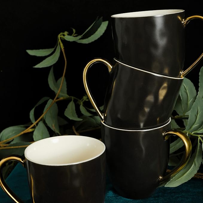 Stone Lain Florian Modern Porcelain 16 Piece Dinnerware Set, Plates and Bowls Set, Dish set for 4, Black And Golden Rim
