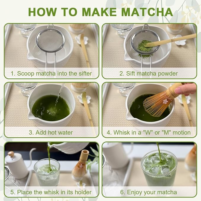 Matcha Set–7-Piece Set Including Matcha Bowl with Spout, Whisk, Chasen Holder, Sifter, Bamboo Scoop,Scoop Stand,wood spoon(Daisy White)–Perfect for Matcha Lovers&Tea Ceremonies