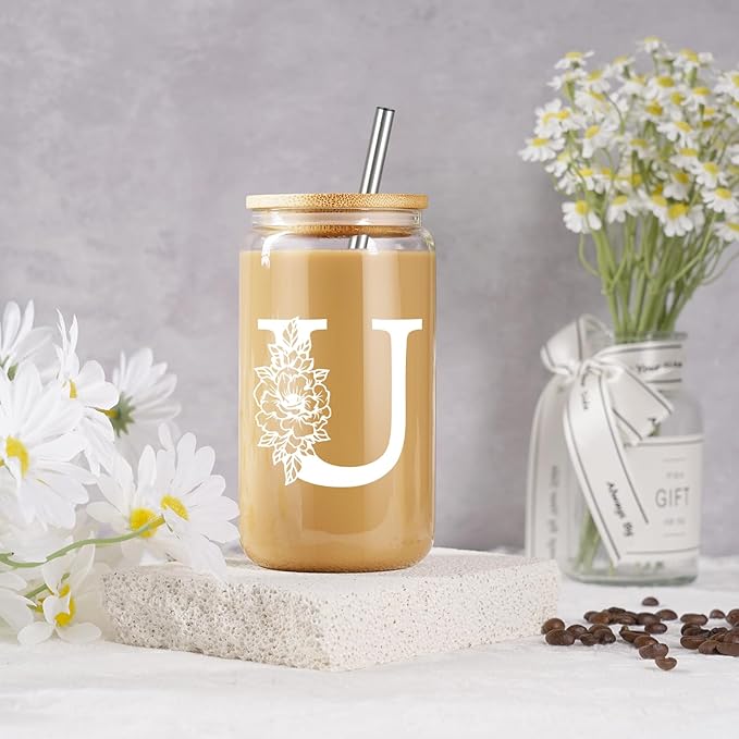 Coolife Initial Glass Cup, Monogrammed Gifts for Women, 16 oz Glass Cups w/Lids Straws, Iced Coffee Smoothie Beer Tumbler w/Straw Lid - Personalized Christmas, Birthday Gifts for Her Mom Friend Woman