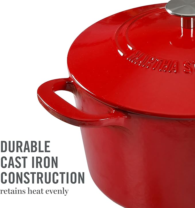 MARTHA STEWART Gatwick 7-Quart Enamel Cast Iron Dutch Oven Pot with Lid – Red – Durable Heavy-Duty Dutch Oven for Slow Cooking, Braising & Baking