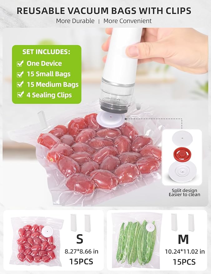 Vacuum Sealer Set (Vacuum Machine + 30 Reusable Vacuum Bags) Handheld Vacuum Sealer for Food, Portable Compact Food Sealer with Auto-Stop & Detachable Filter, 5X Freshness Lock
