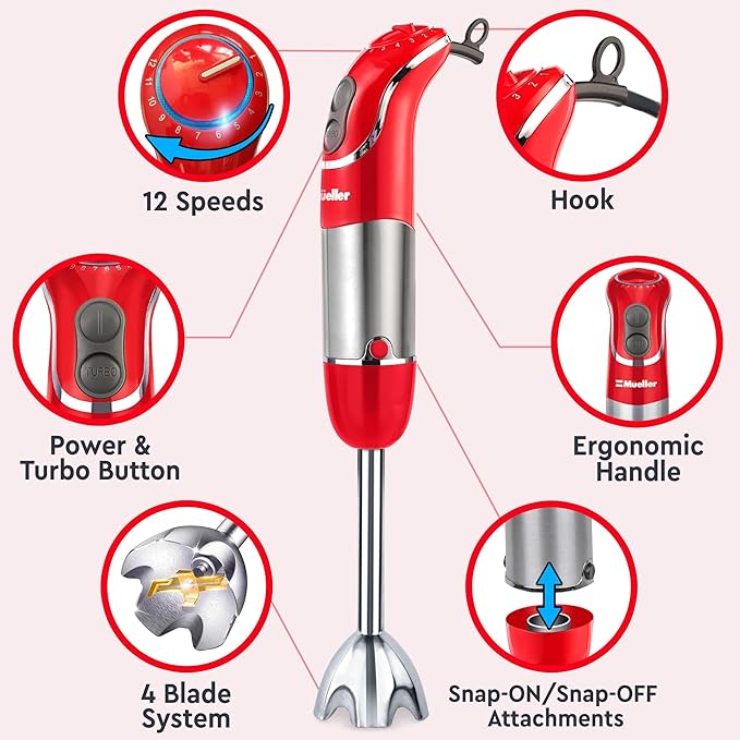 Mueller Multistick 800W 5-in-1 Immersion Blender Handheld, 12 Speed Hand Mixer - Turbo Boost, Heaviest Duty Copper Motor, Titanium Blades Hand Blender, Milk Frother Wand, Red Kitchen Accessories