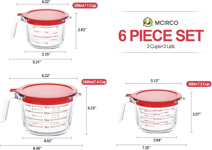 M MCIRCO 6 Pcs Glass Measuring Cups with Lids Set, 1-Cup, 2-Cup, 4-Cup Measuring Jugs with Handle, Nesting Liquid Measuring Cups for Kitchen