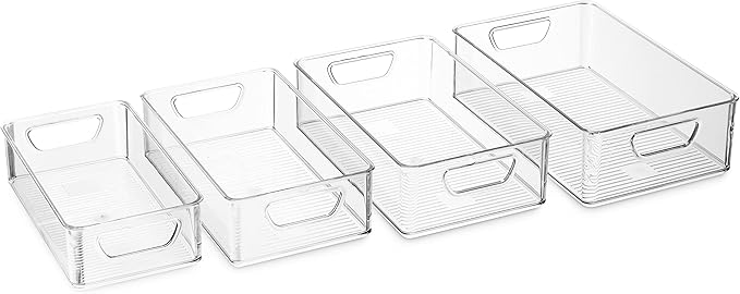 Munfix Set Of 16 Refrigerator Organizer Bins - Plastic Pantry Organization and Storage Baskets - Stackable Food Fridge Organizers with Cutout Handles for Freezer, Kitchen, Countertops, Cabinets