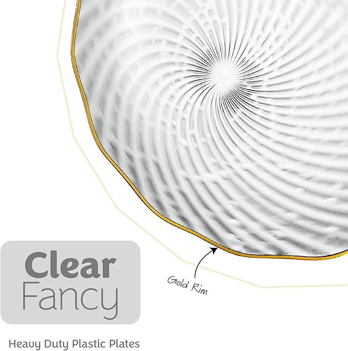 PLASTICPRO 120 Pack Plastic Plates Set of 60-10 inch Plates and 60-7 inch Plates, Elegant Clear Spiral and Gold Rim Disposable Fancy Plates Premium Heavyweight