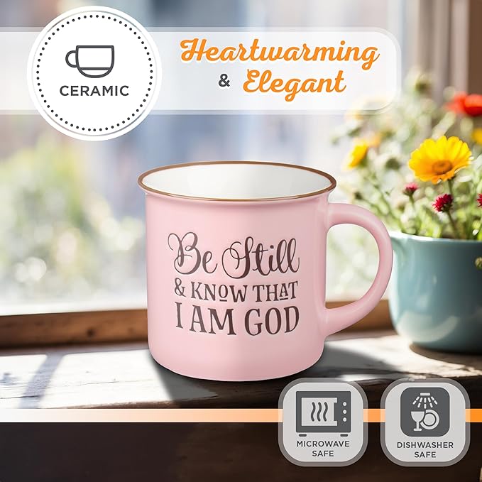Christian Art Gifts Pink Camp Style Ceramic Coffee Mug – 13 oz. Microwave and Dishwasher Safe Inspirational Scripture Coffee and Tea Mug for Women with Bible Verse: Be Still and Know - Psalm 46:10