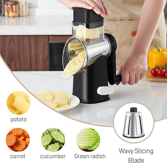 Rotary Cheese Graters with 4 Blades, Hand Crank Cheese Grater with Waffle Slicer, Red, Black and White Cheese Shredder with Suction Base, Easier for Shredding & Grating (Black, 4 Graters)