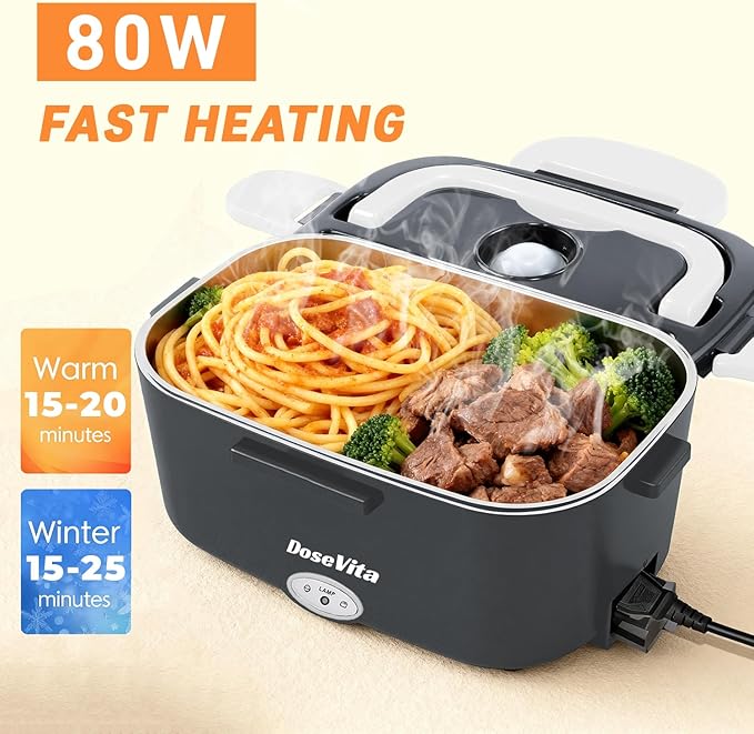 Electric Lunch Box for Adults, 80W Heated Lunch Box, 1.5L Stainless Steel Container | 12V/24V (Car/Truck) & 110V (Office/Home) | with Fork&Spoon and Insulated Carry Bag
